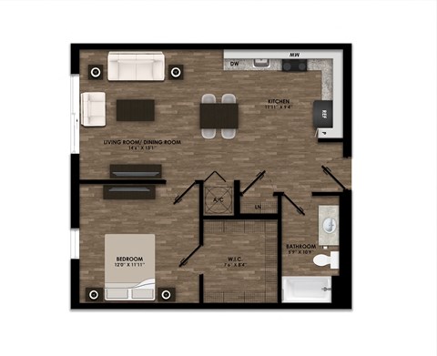 Floor plan for 1 bed, 1 bath, 728 sqft